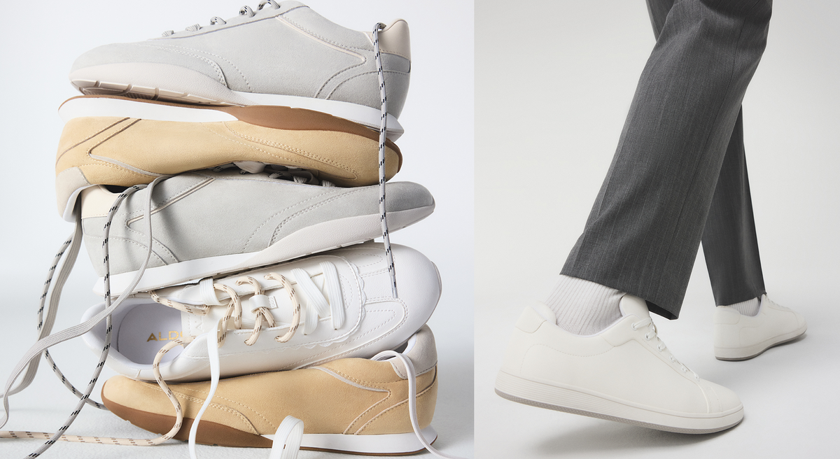 A split image showing a stack of four low-top sneakers on the left and a person wearing a pair on the right, against a clean white studio background.
