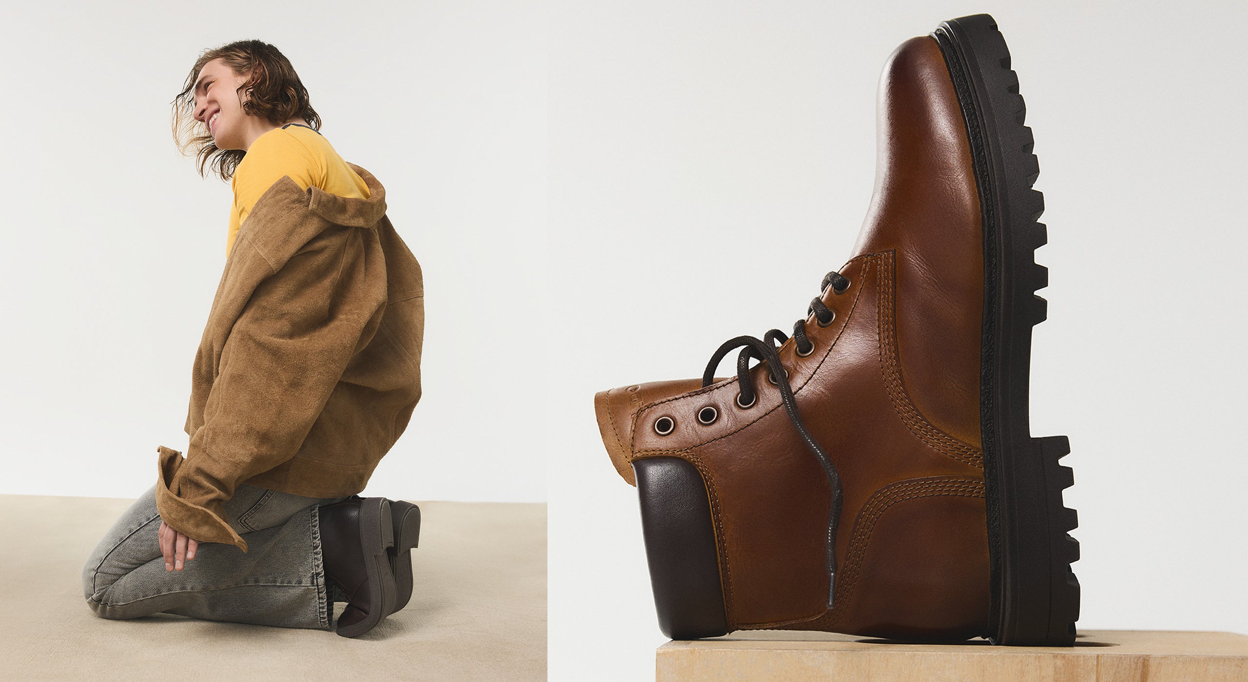 Brown leather boots with a person wearing a brown jacket and gray pants on a white background.