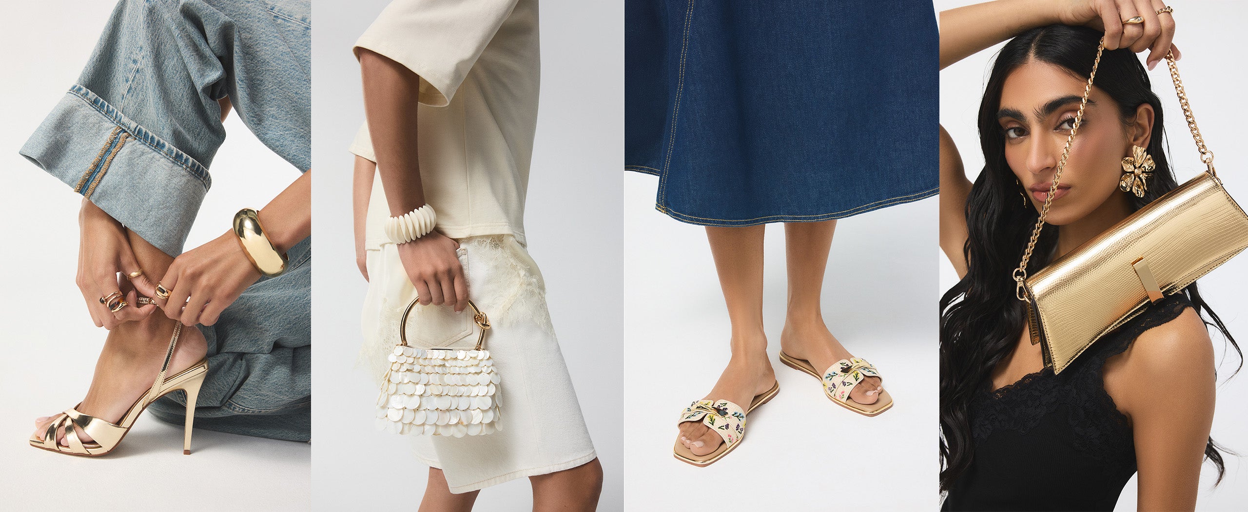 Four fashion scenes featuring shoes, bags, and outfits on a white background.