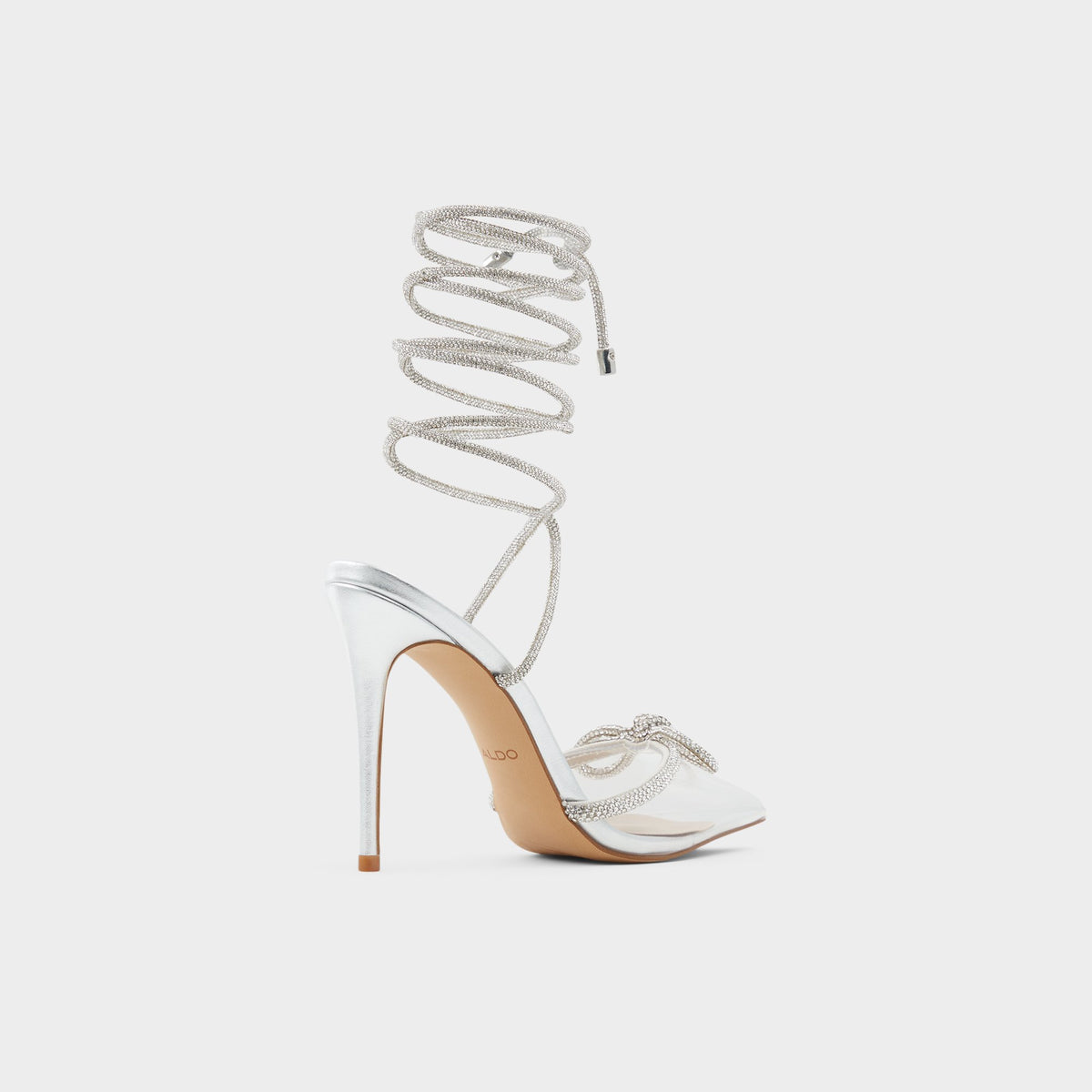 Three-quarter angle of Silver Halalia Strappy stiletto heel's back side