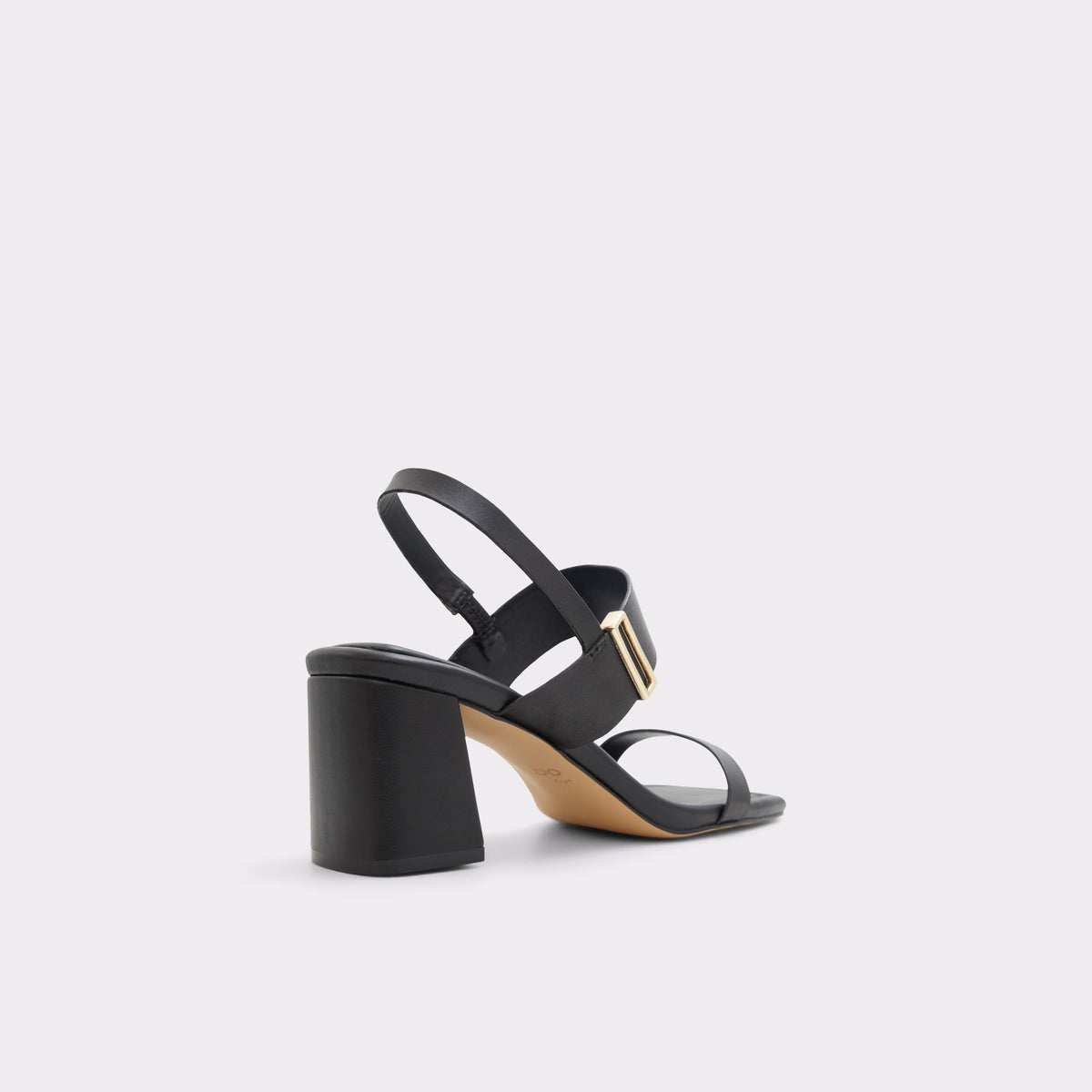 Three-quarter angle of Black Fidles Strappy heeled sandal's back side