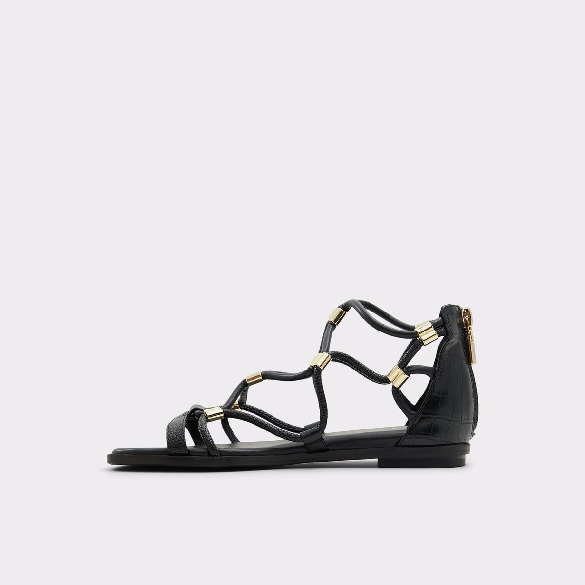 Side view of Black Occeran Flat caged sandal