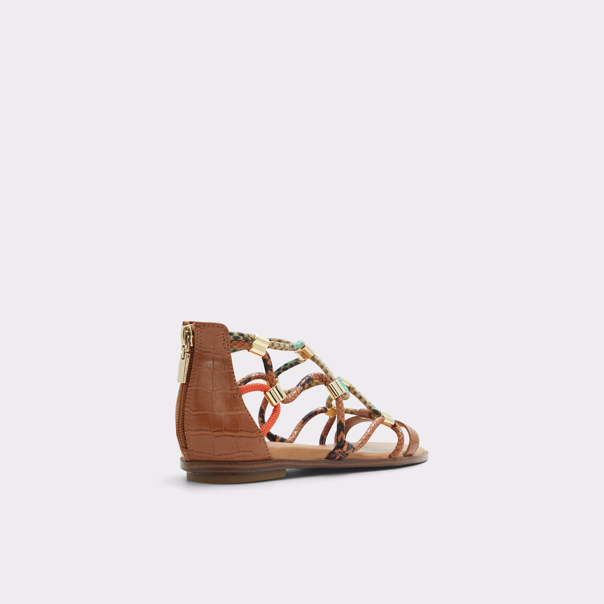 Three-quarter angle of Medium Brown Occeran Flat caged sandal's back side
