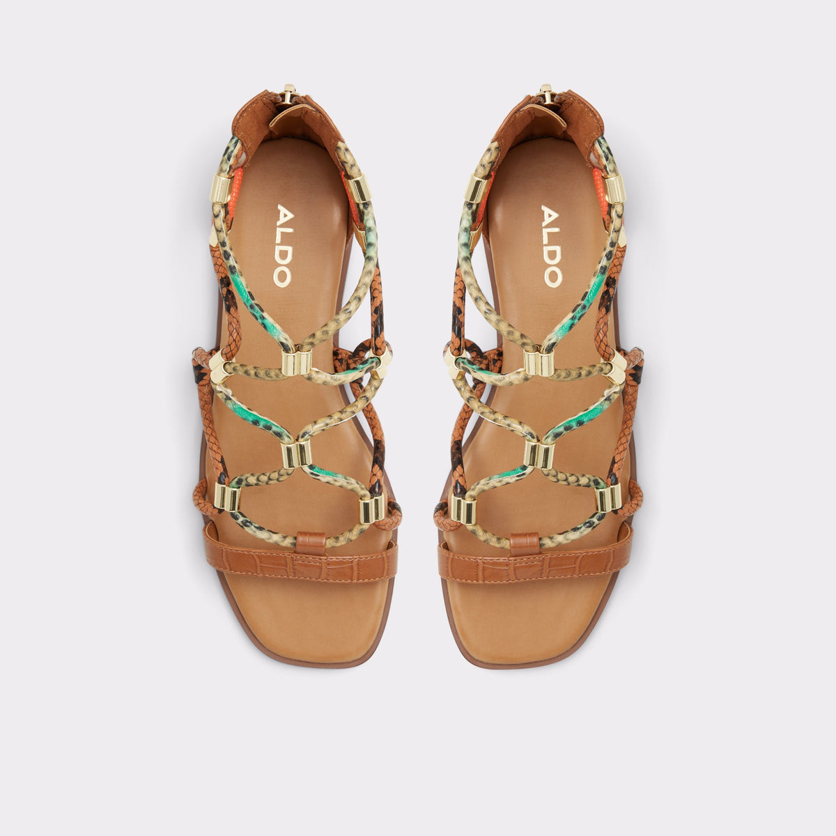 Top-down view of the Medium Brown Occeran Flat caged sandal