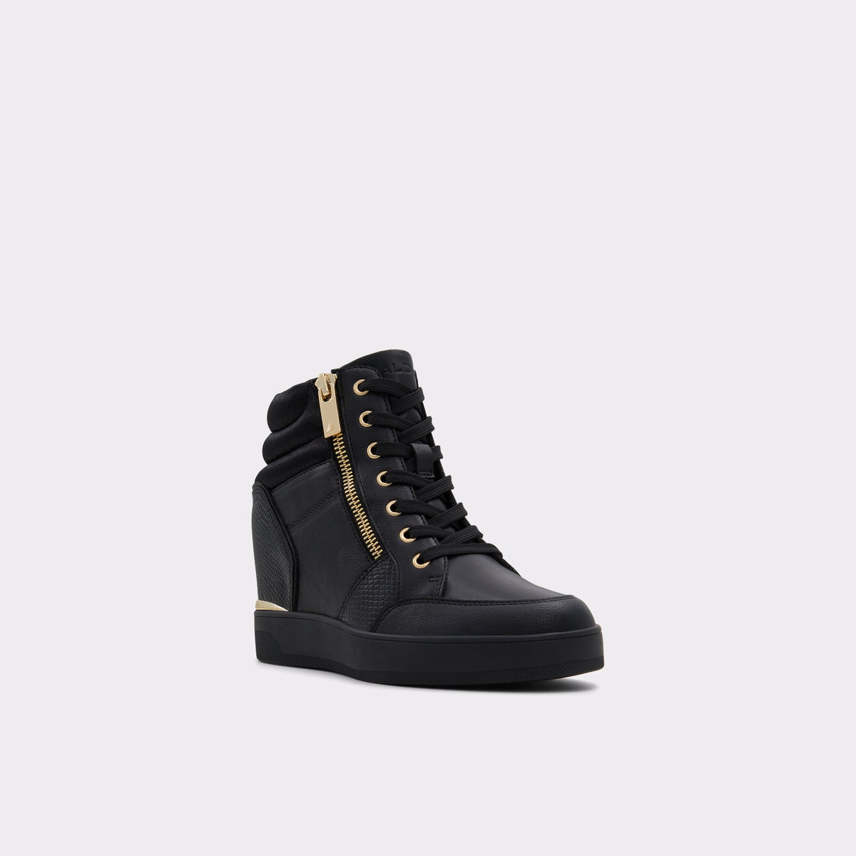 Three-quarter angle of Open black Ereliclya Wedge sneaker's front side
