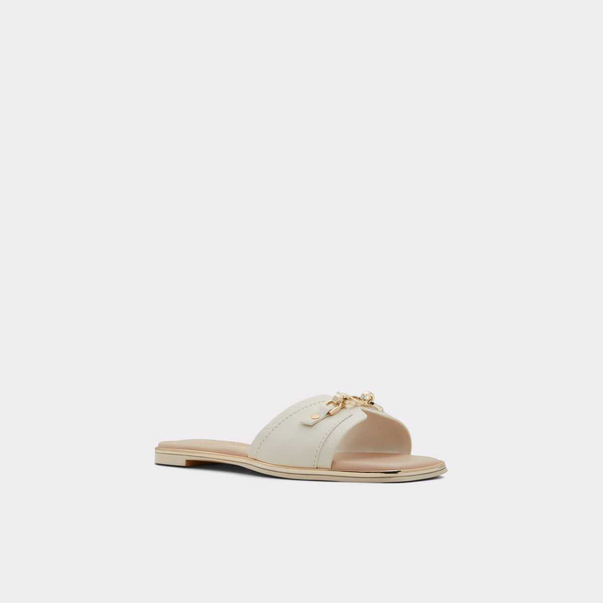 Three-quarter angle of Open White Jeannie Slide sandal's front side