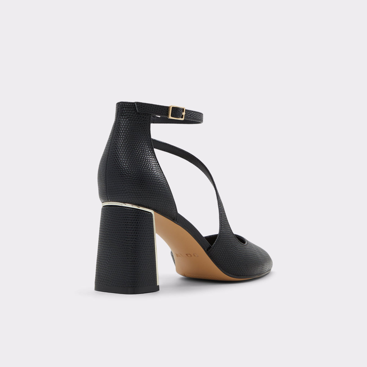 Three-quarter angle of Black Annodar Ankle strap heeled shoe's back side