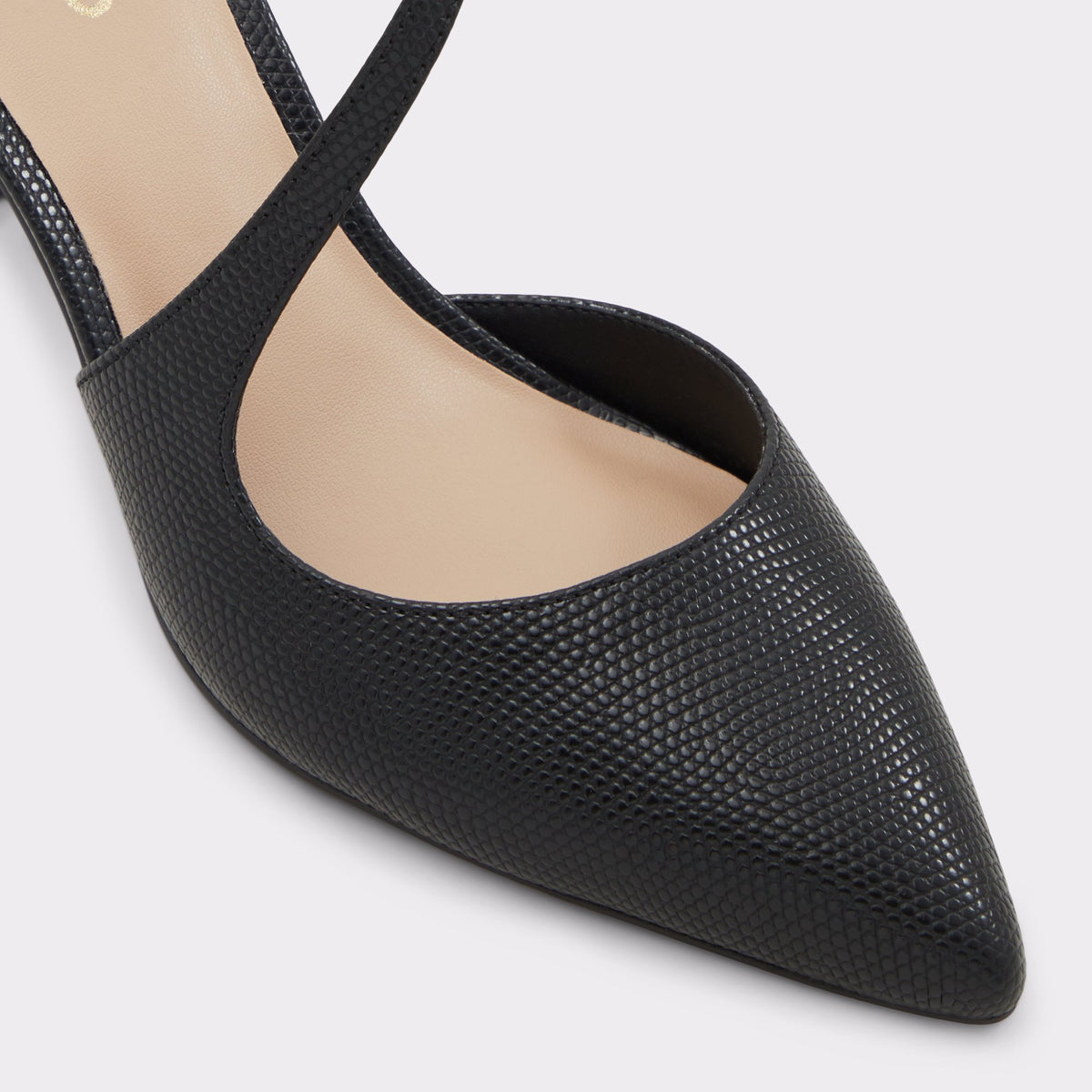Close-up of the Black Annodar Ankle strap heeled shoe