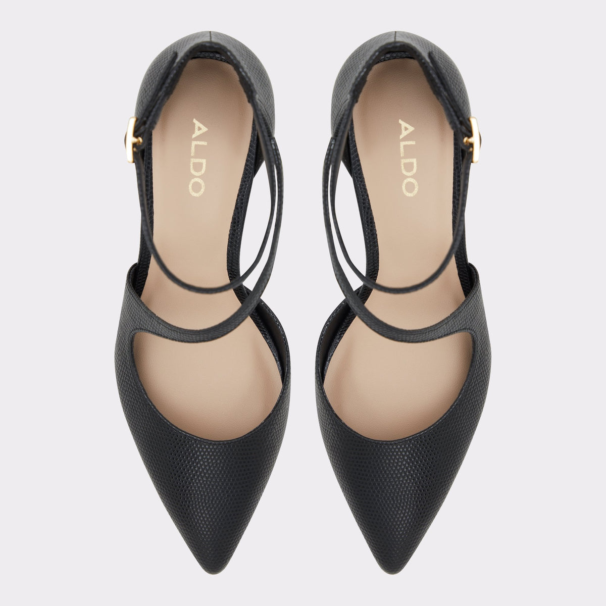 Top-down view of the Black Annodar Ankle strap heeled shoe