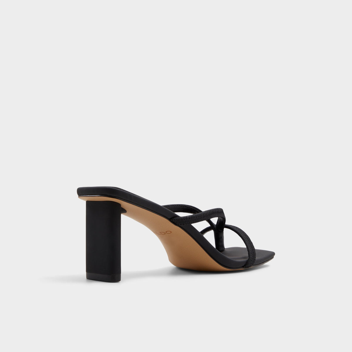 Three-quarter angle of Black Sanne Black strappy heeled sandal's back side