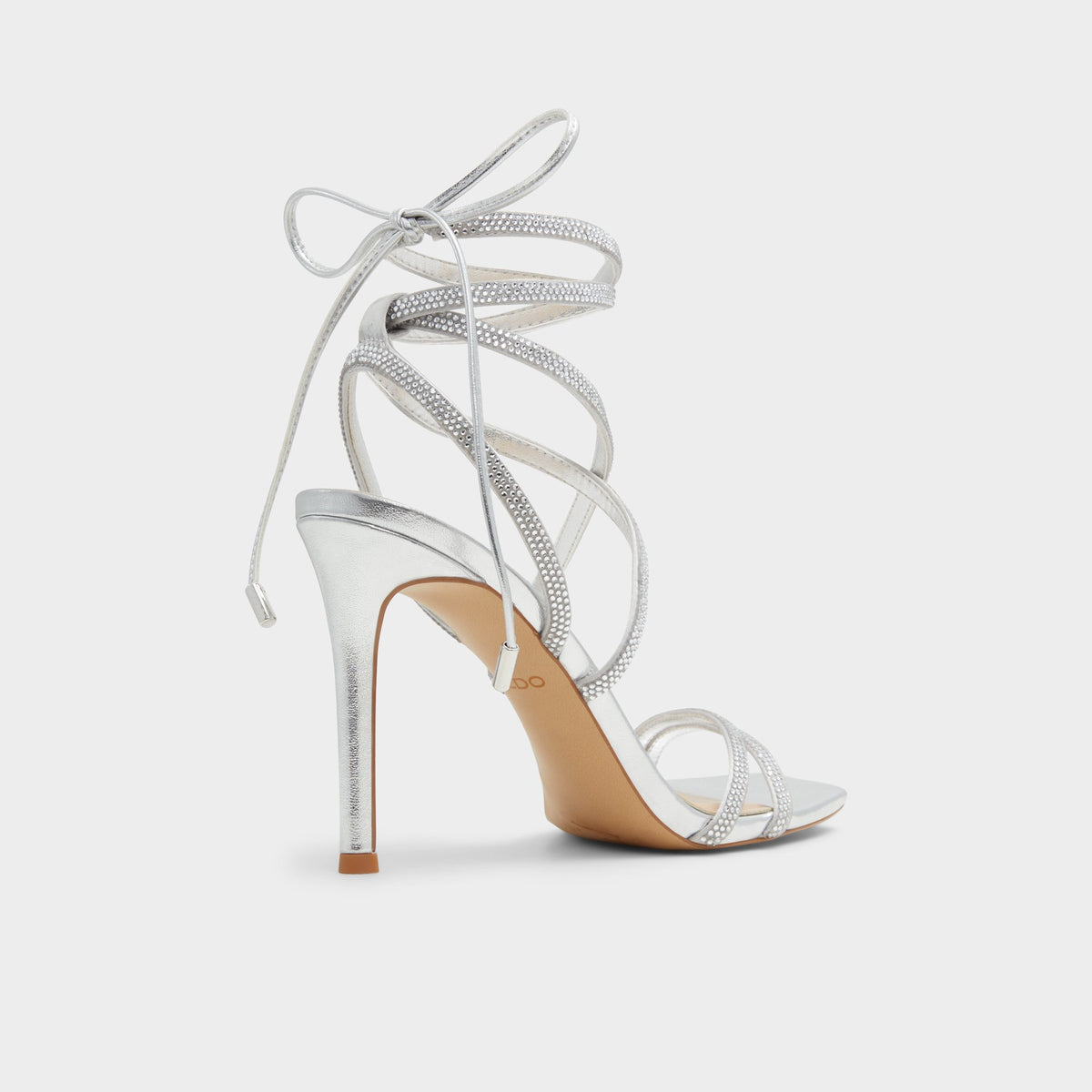 Three-quarter angle of Silver Phaedra Strappy stiletto sandal's back side