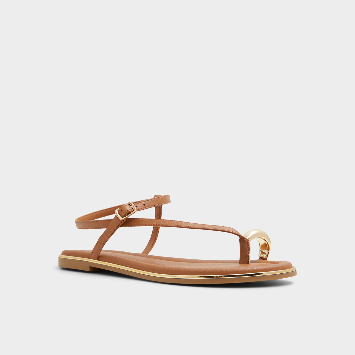 Three-quarter angle of Medium Brown Jomali Strappy flat sandal's front side