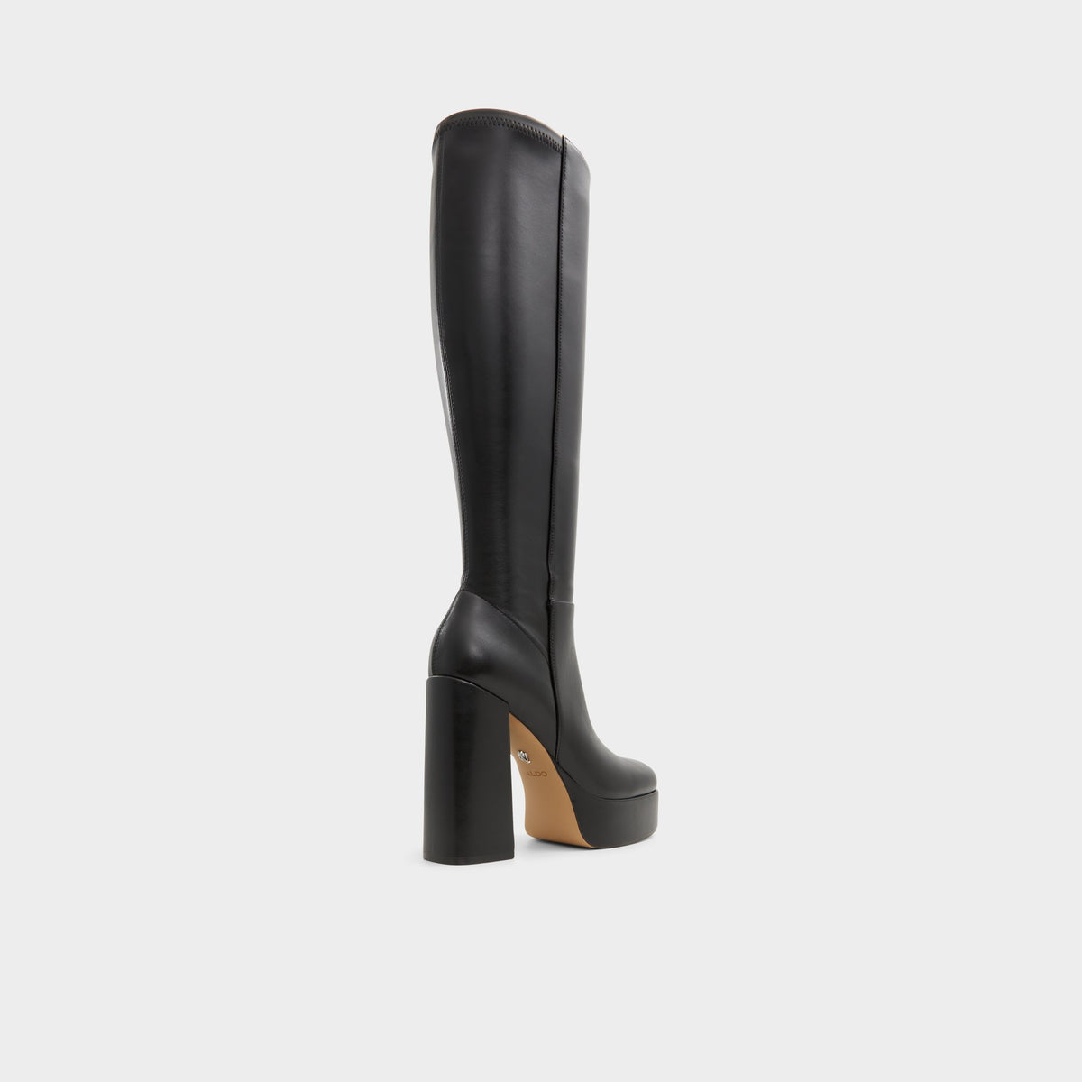 Three-quarter angle of Black Albie Platform knee-high boot's back side