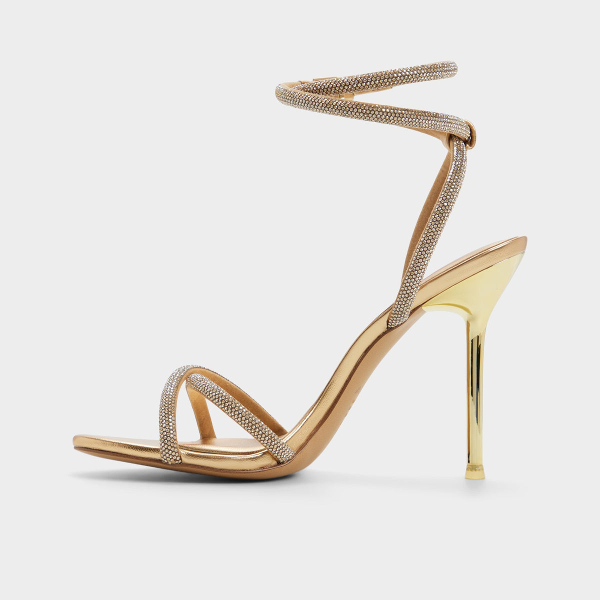 Side view of Gold Manaelden Strappy heeled sandal