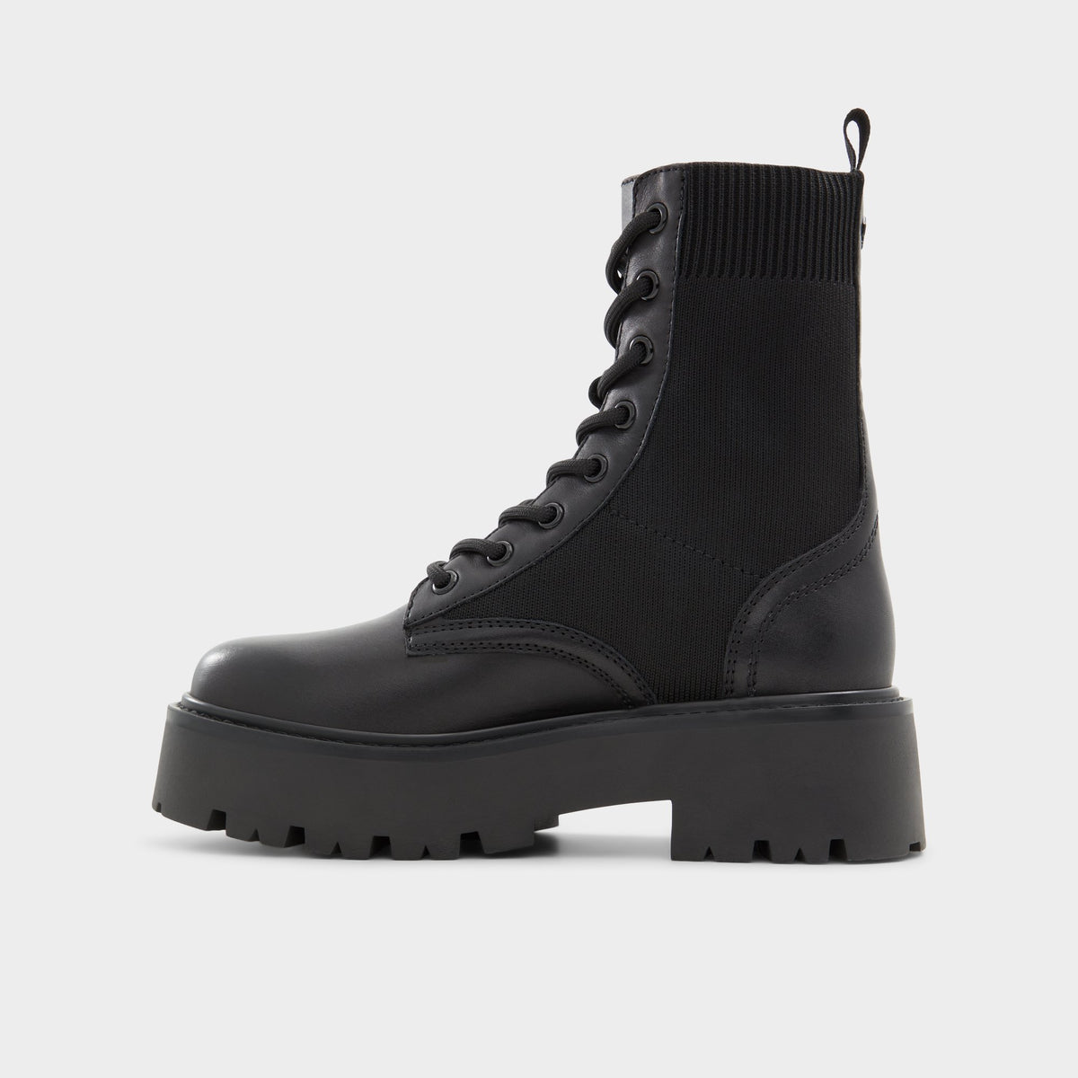 Side view of Black Talaleryknit Combat ankle boot