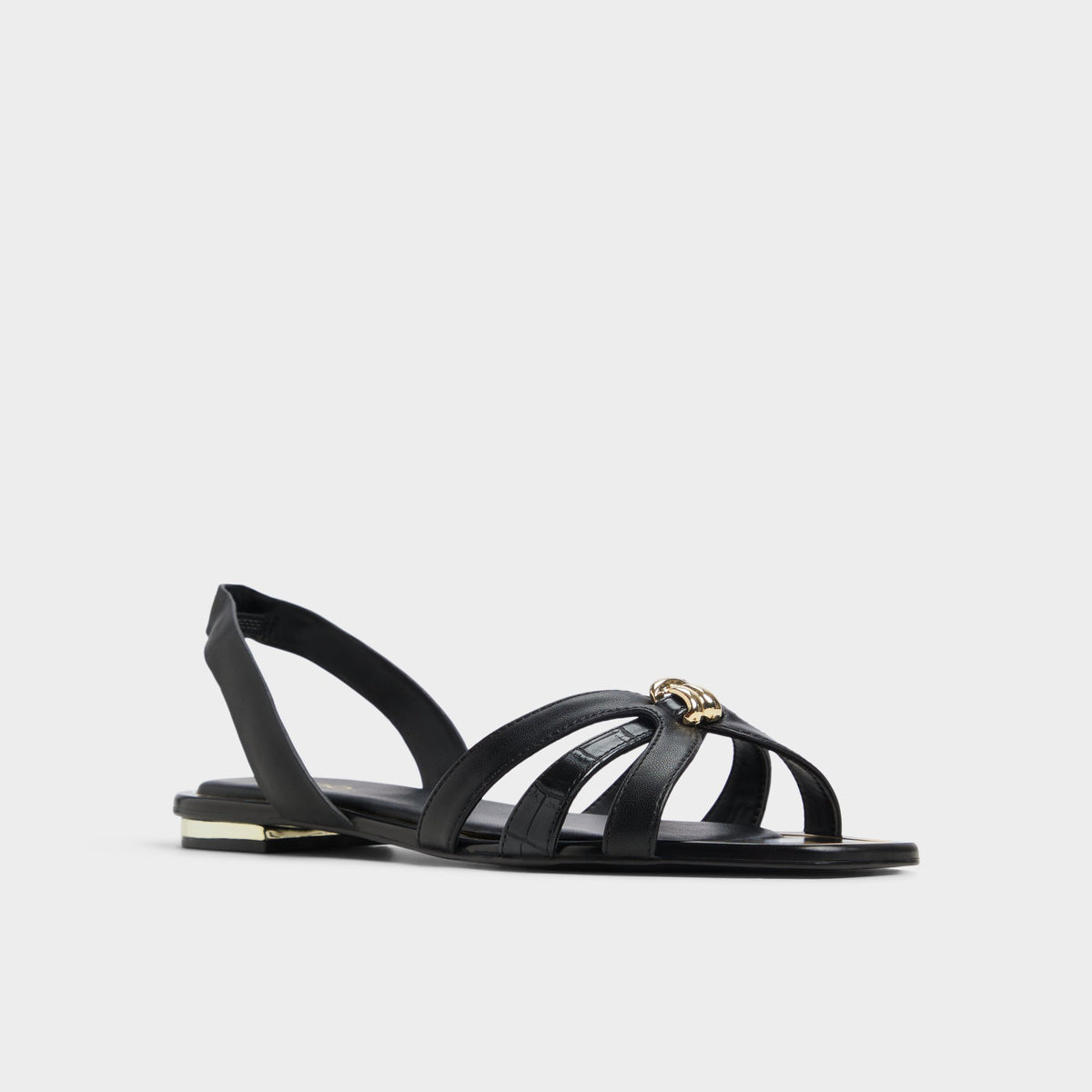 Three-quarter angle of Black Marassita Flat sandal's front side