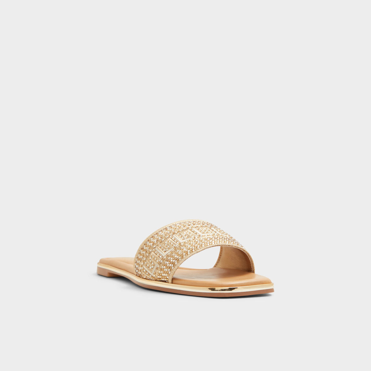 Three-quarter angle of Gold Oceania-xt Slide sandal's front side