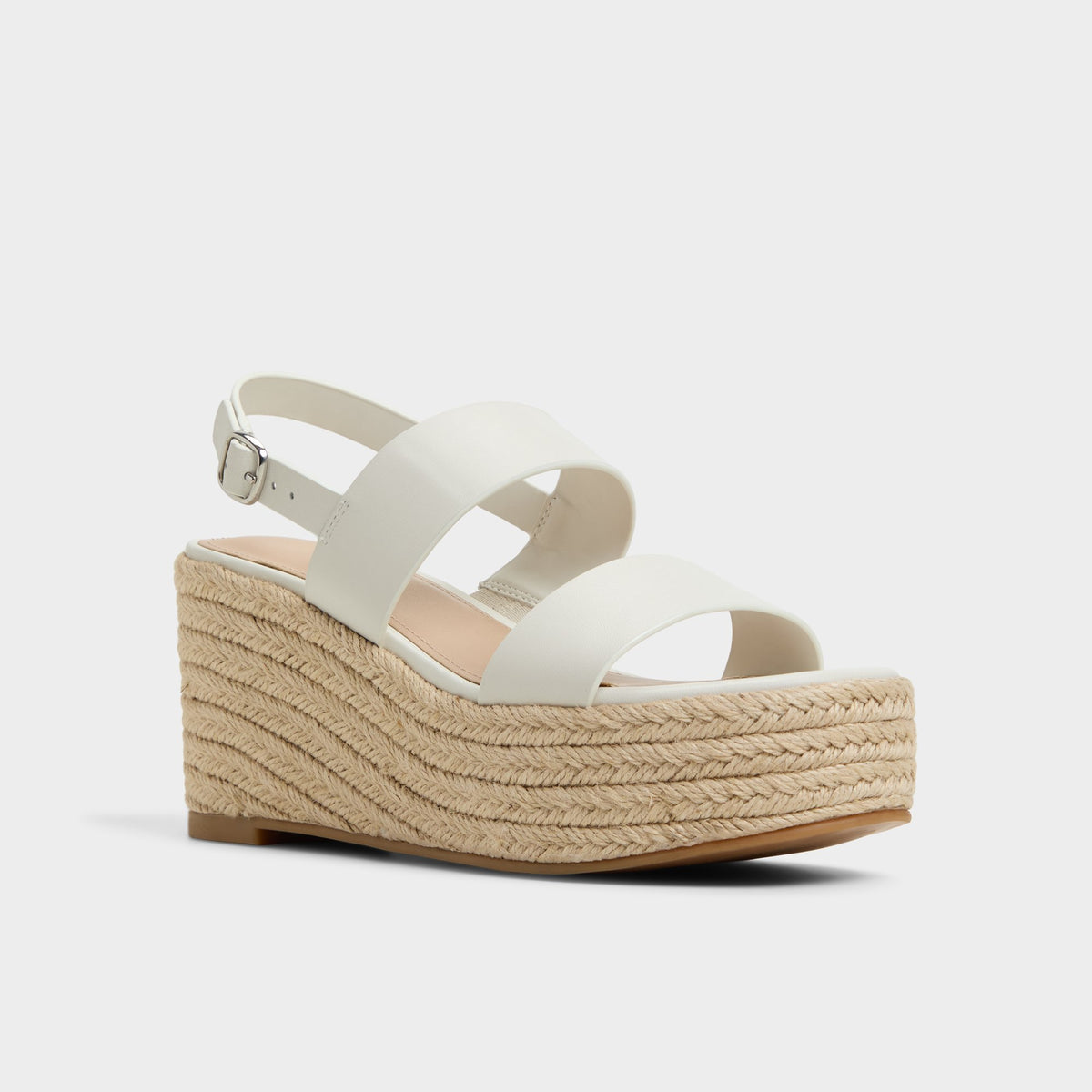 Three-quarter angle of Open white Keoni Wedge sandal's front side
