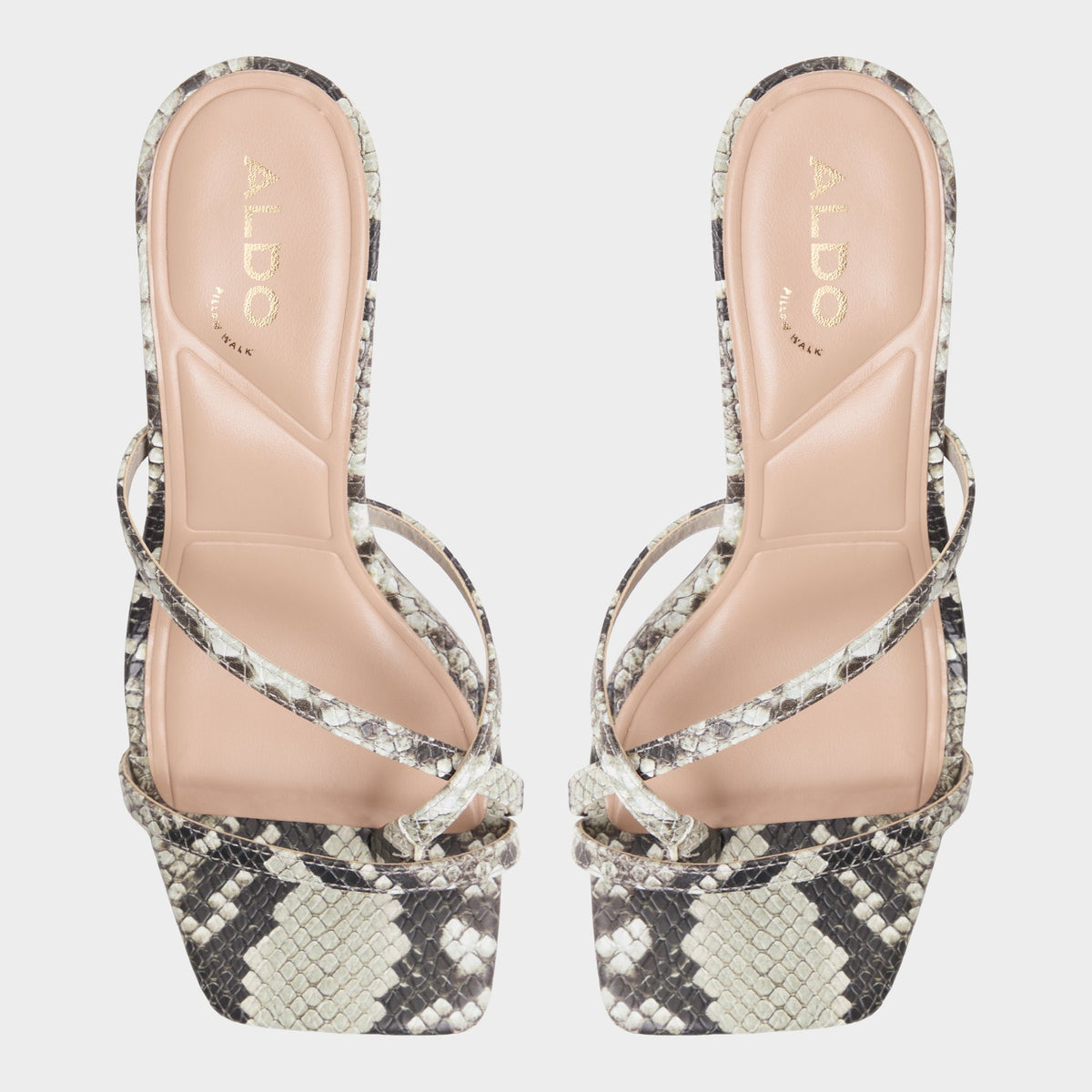 Top-down view of the White/Black Calypsa Strappy heeled sandal