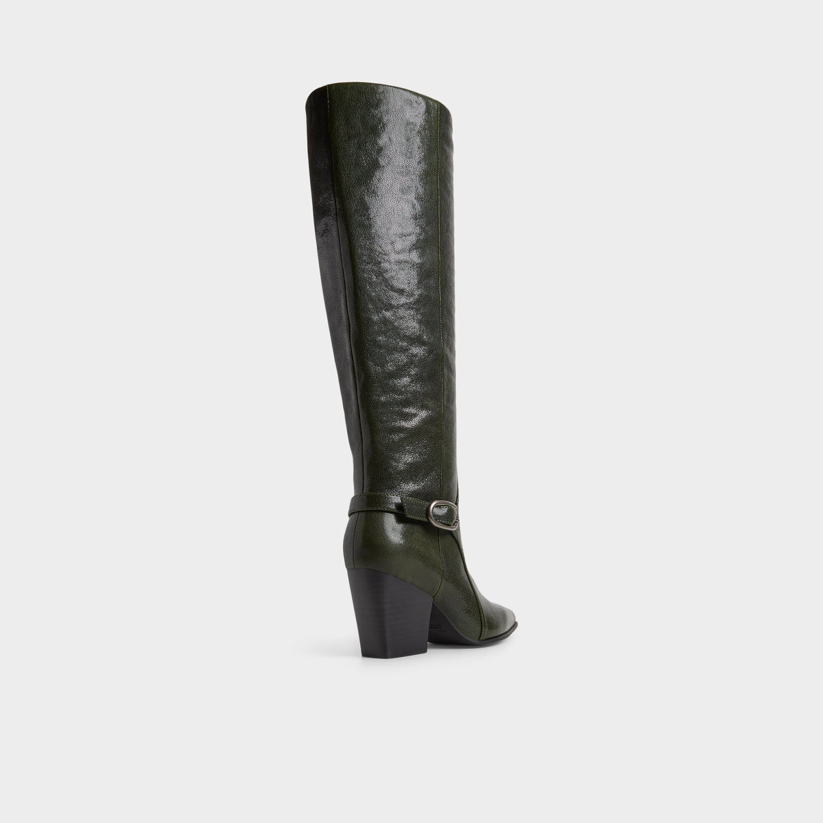 Three-quarter angle of Dark green Saddle Knee-high boot's back side