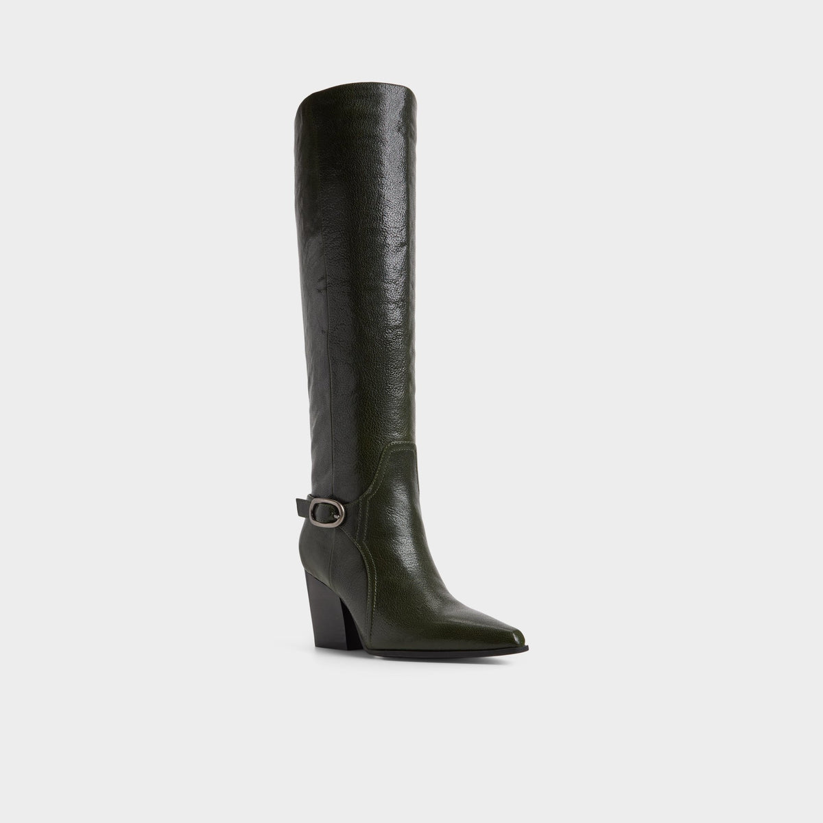 Three-quarter angle of Dark green Saddle Knee-high boot's front side