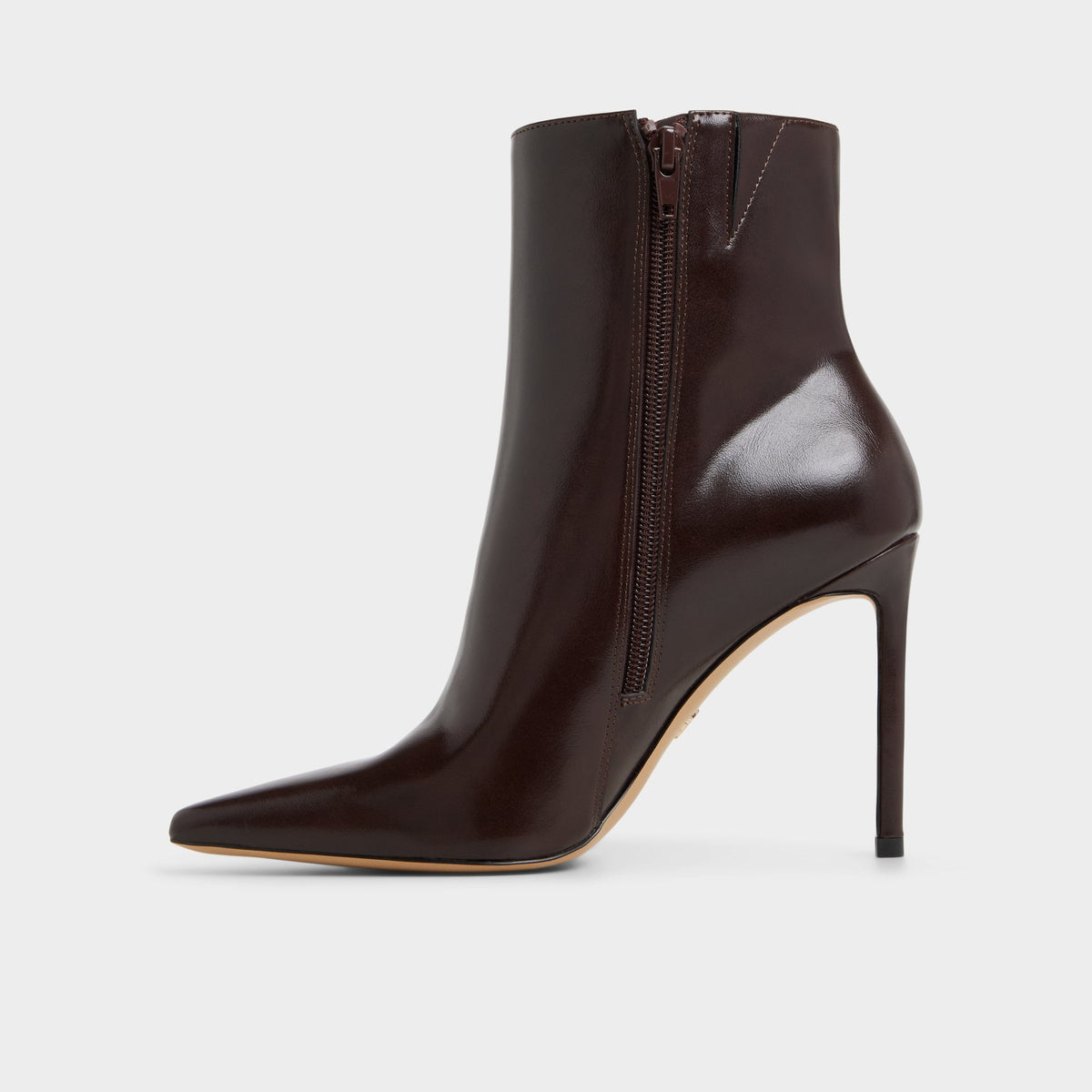 Side view of Dark brown Guavaberry Stiletto heel ankle boot