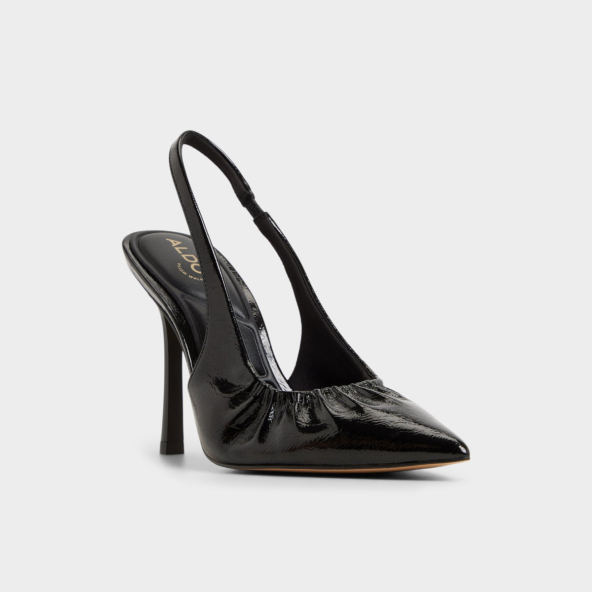 Three-quarter angle of Black Mystie Slingback heel's front side