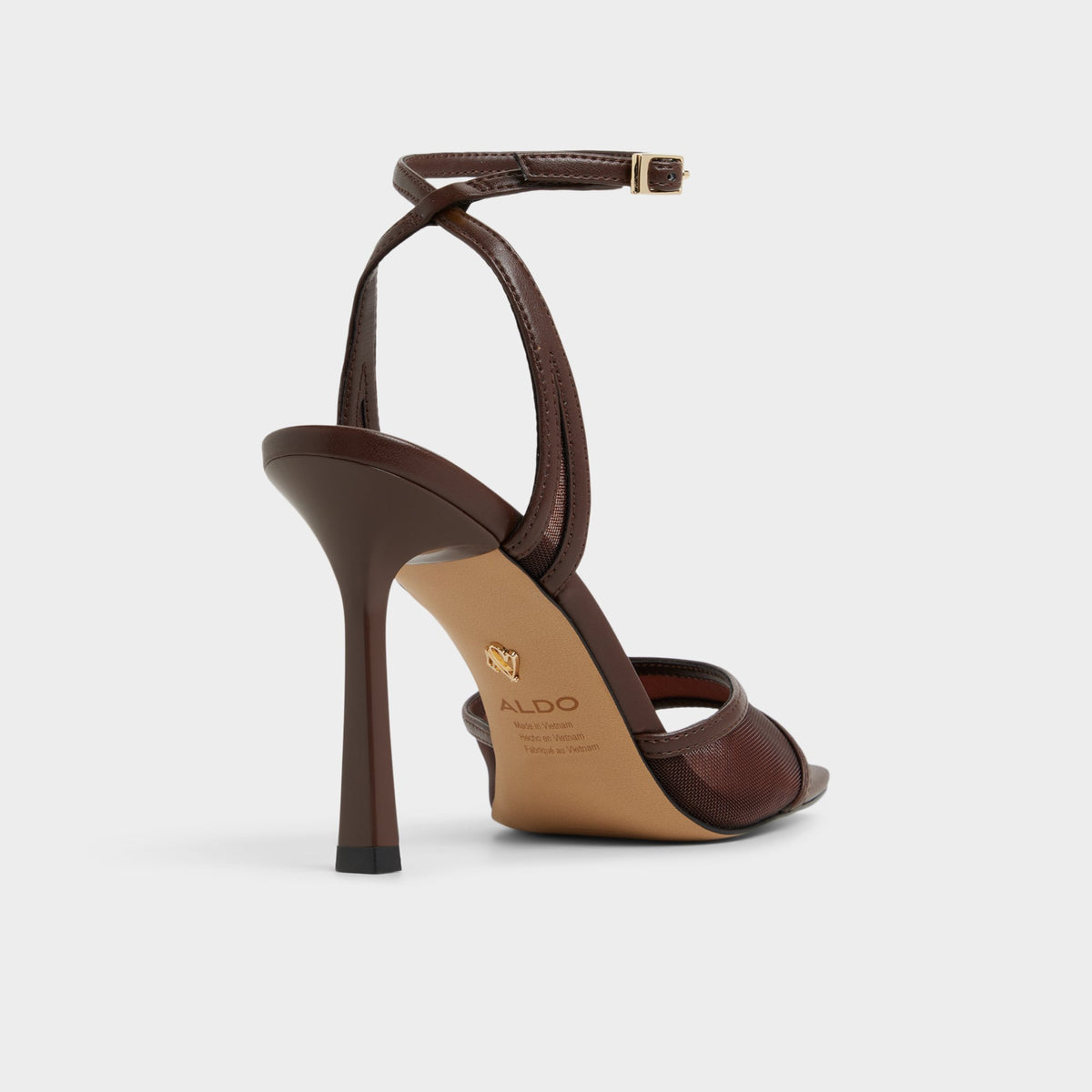 Three-quarter angle of Dark brown Sharra Strappy heeled sandal's back side