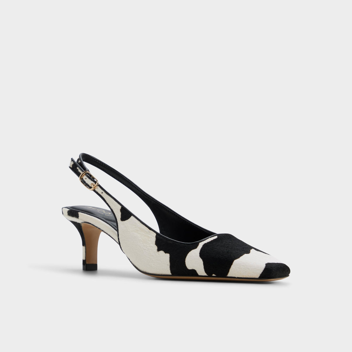 Three-quarter angle of White/black Gabriellie Slingback kitten heel's front side