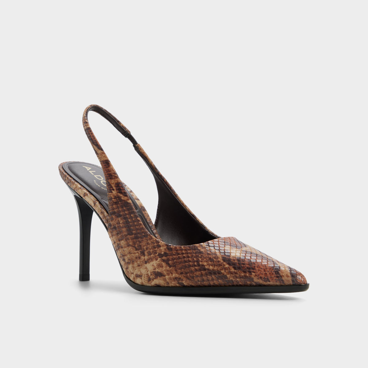 Three-quarter angle of Brown multi Re-samantha Slingback high heel's front side