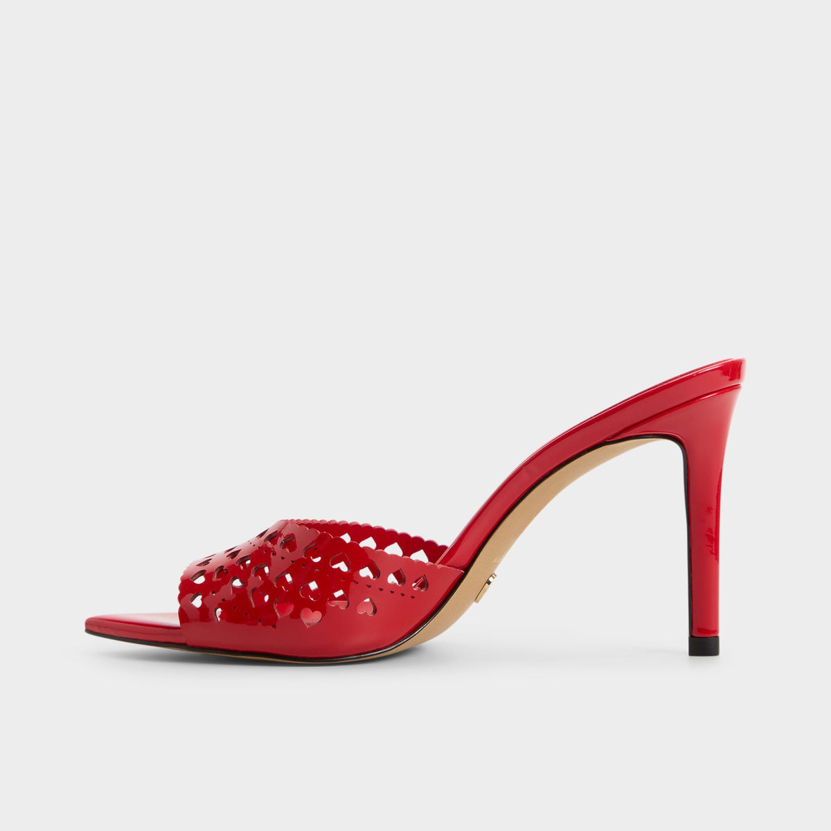 Side view of Medium red Lovemule Heeled mule