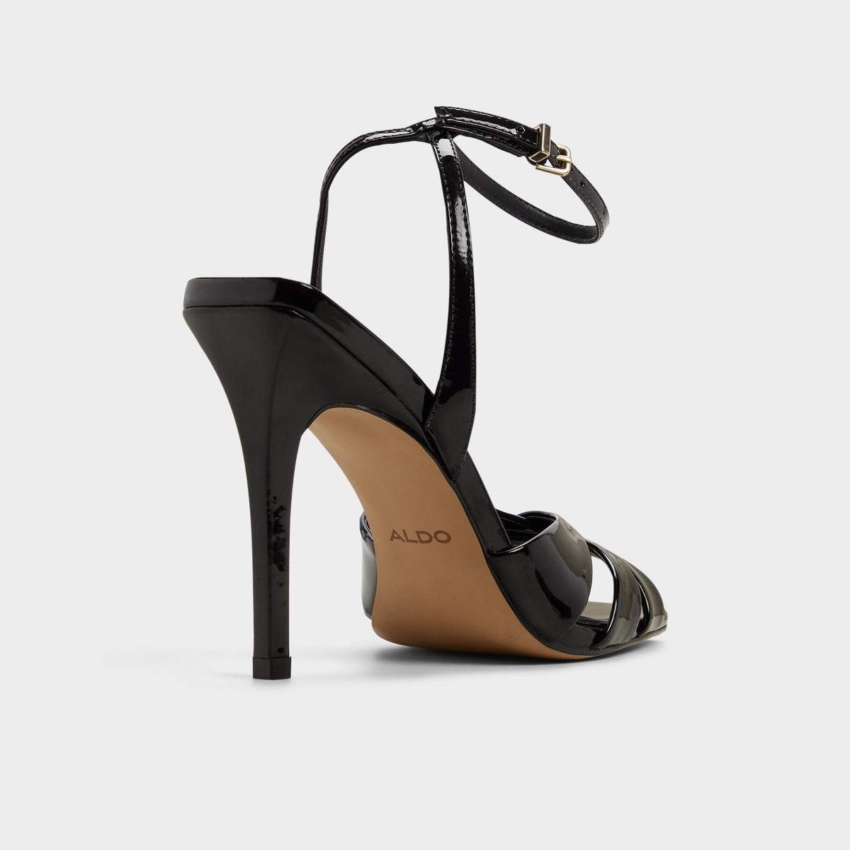 Three-quarter angle of Black Meteora Strappy heeled sandal's back side