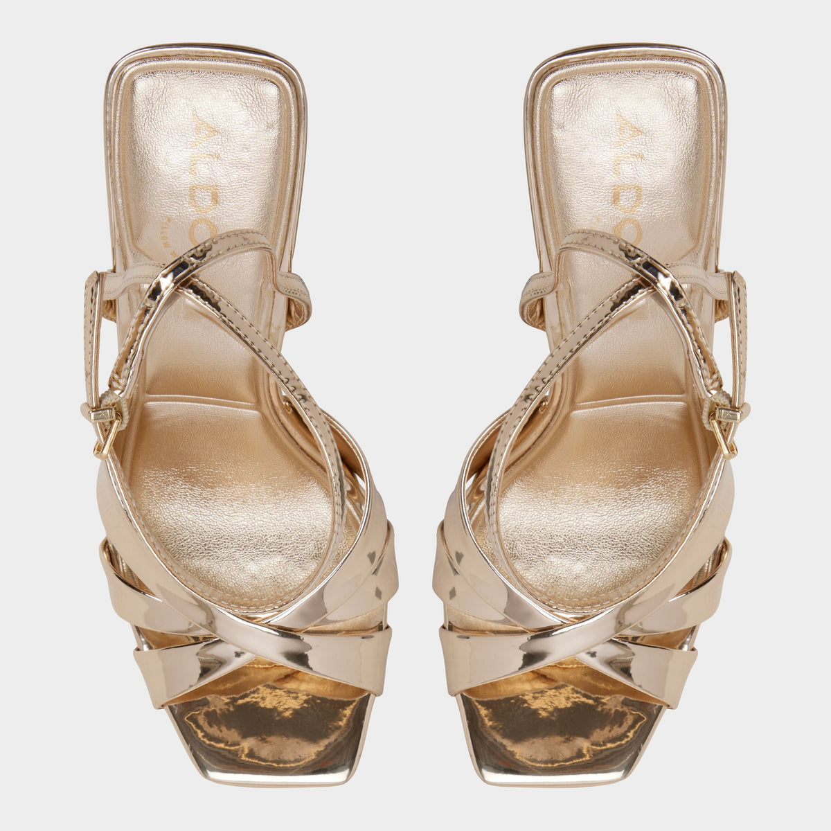 Top-down view of the Gold Meteora Strappy heeled sandal