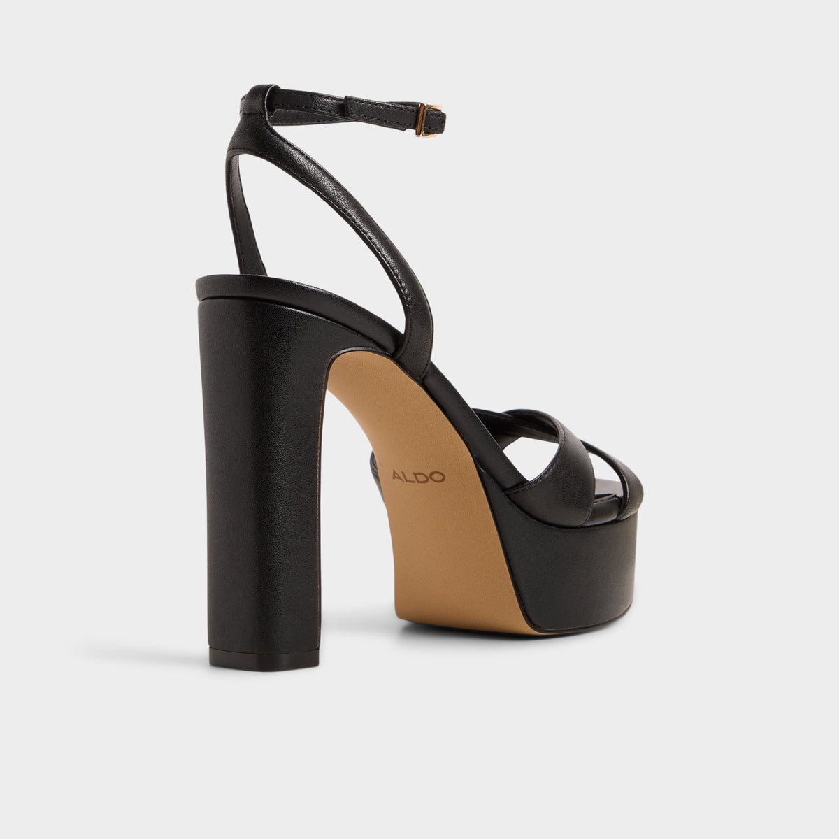 Three-quarter angle of Black Rosine Strappy heeled sandal's back side