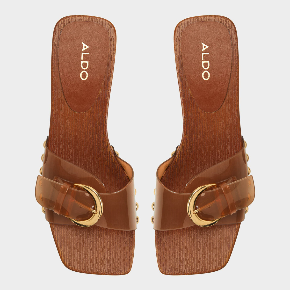 Top-down view of the Tan Alloria Block heeled sandal