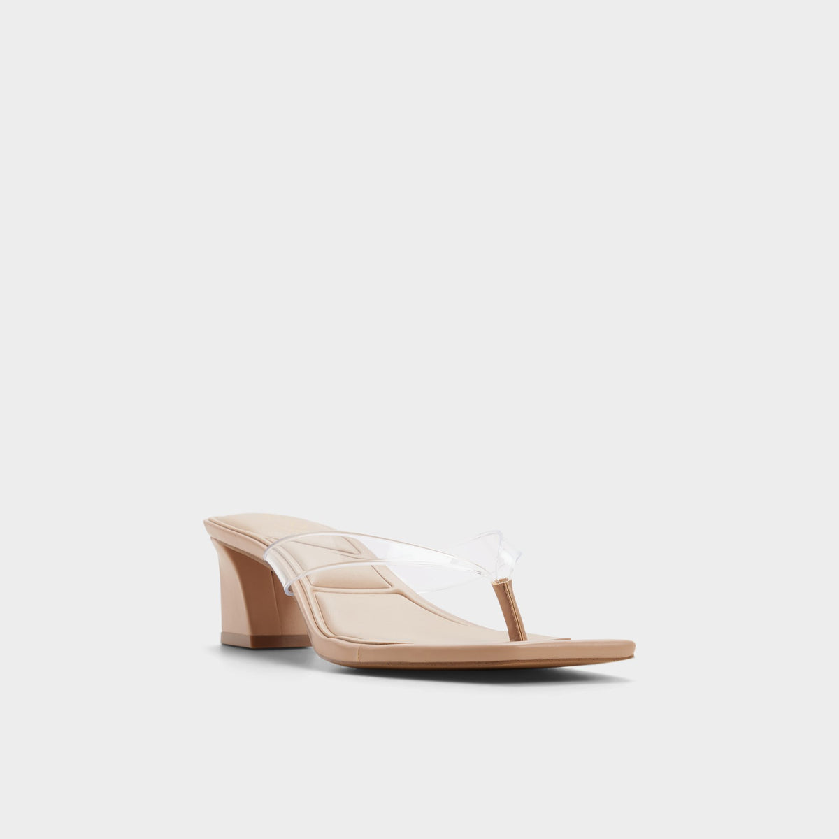 Three-quarter angle of Beige Hazie Block heeled thong sandal's front side
