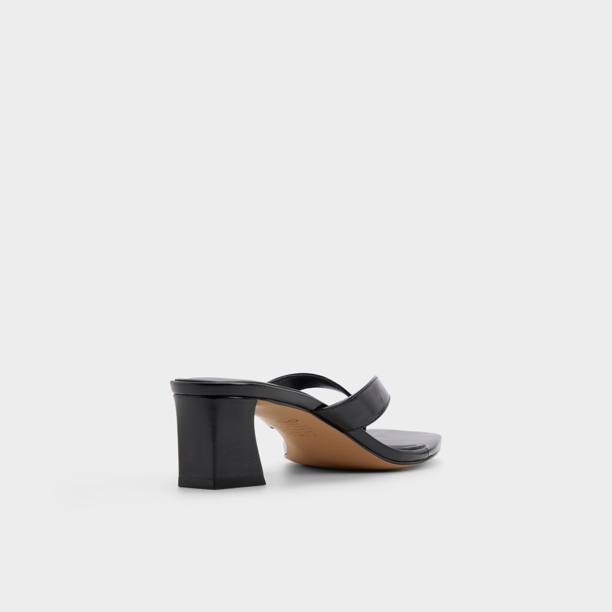 Three-quarter angle of Black Hazy Block heeled thong sandal's back side