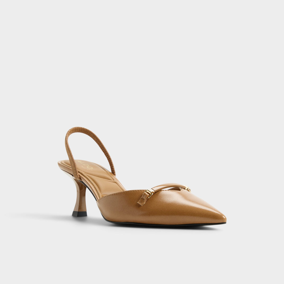 Three-quarter angle of Tan Nailah Slingback kitten heel's front side