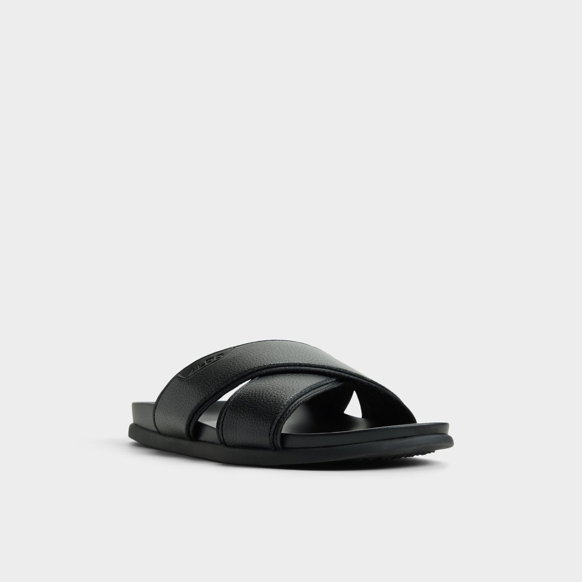 Three-quarter angle of Black Valdez Slide sandal's front side