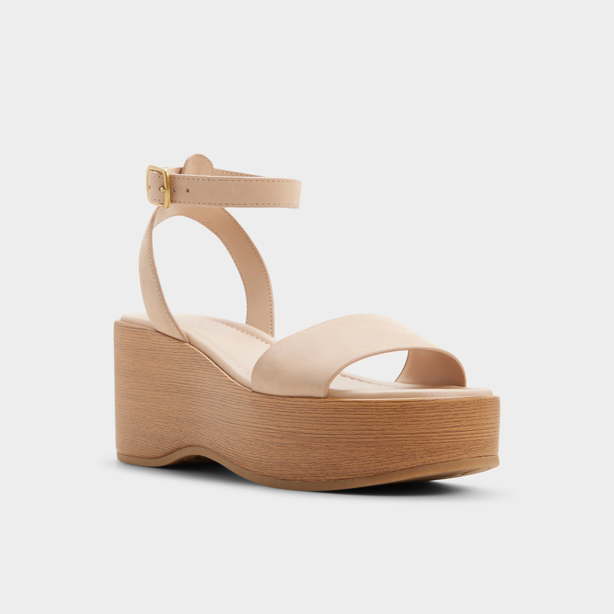 Three-quarter angle of Beige Oneiwin Wedge sandal's front side