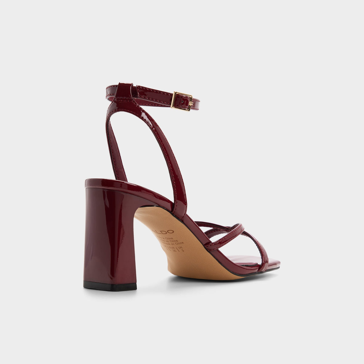 Three-quarter angle of Dark red Stellare Strappy heeled sandal's back side