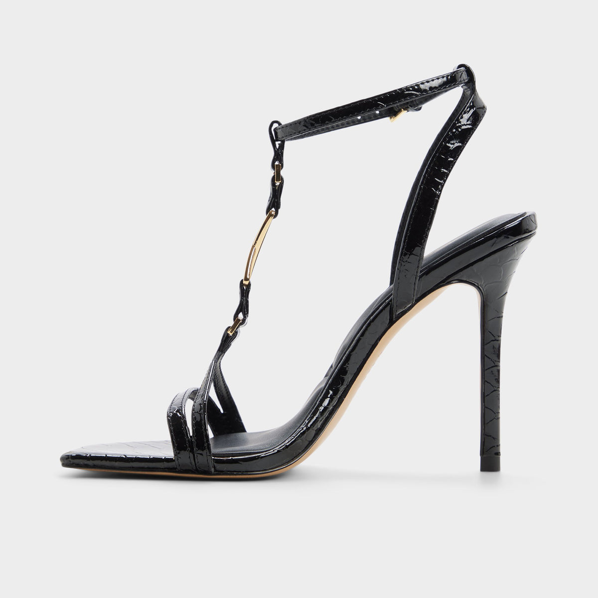 Side view of Black Morly T-strap heeled sandal