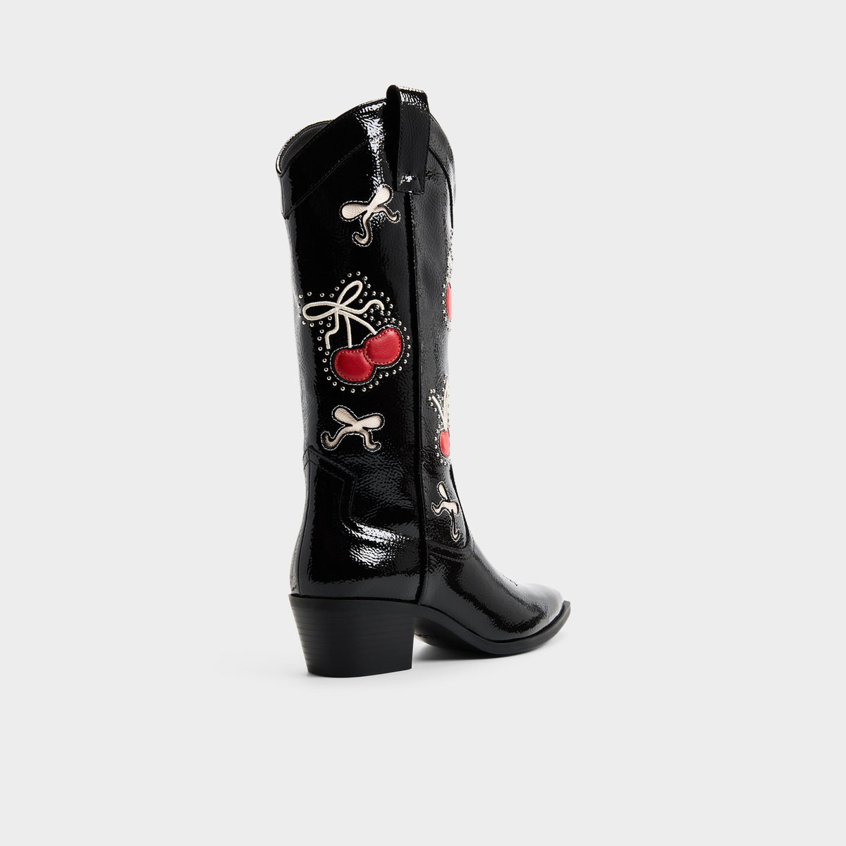 Three-quarter angle of Black combo Cherrily Western knee-high boot's back side