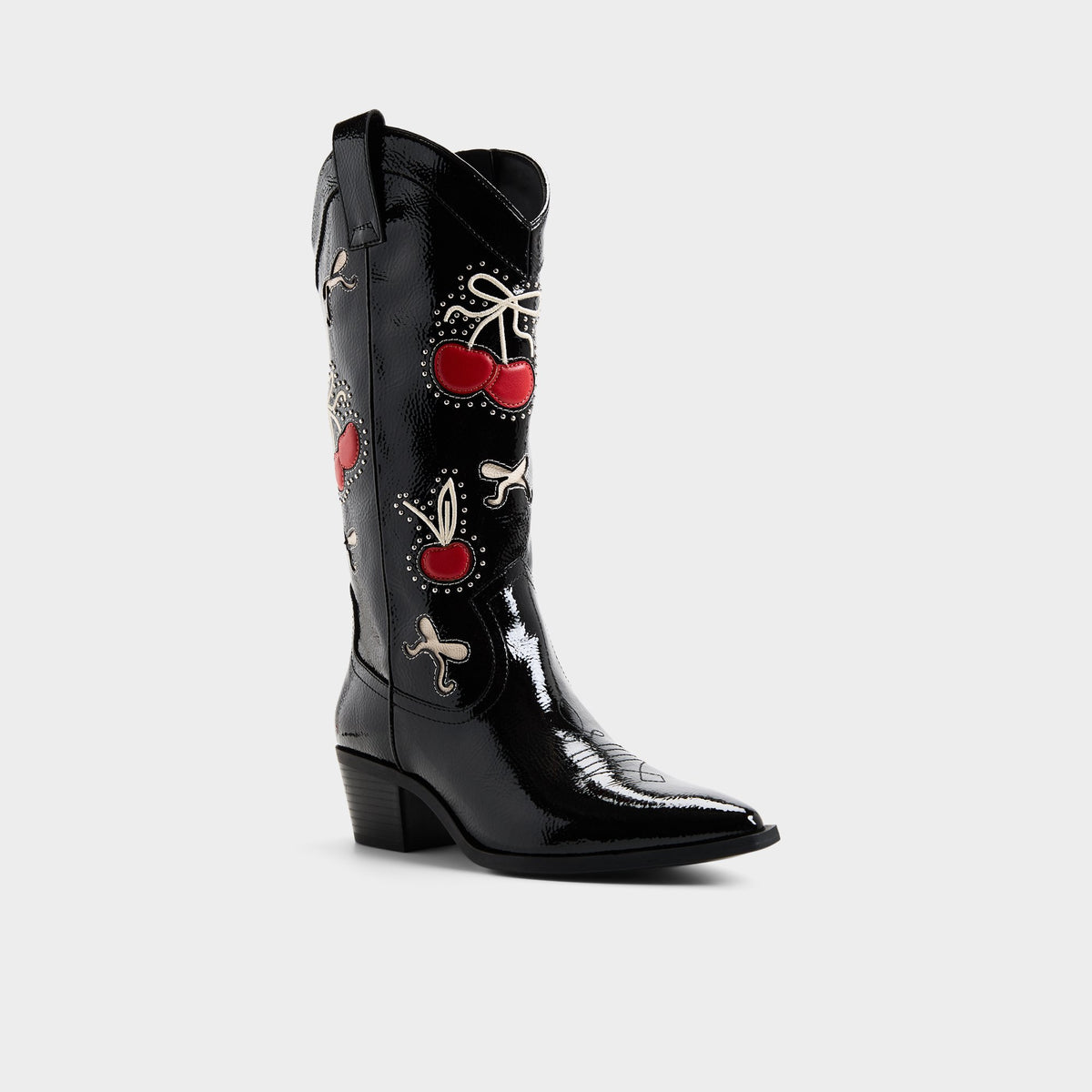 Three-quarter angle of Black combo Cherrily Western knee-high boot's front side