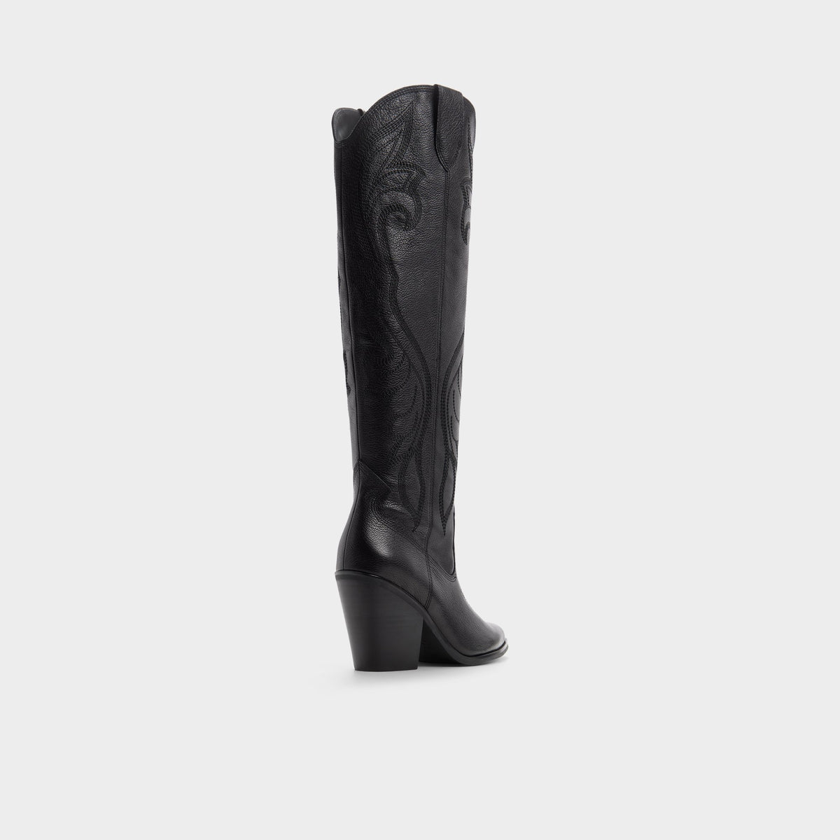 Three-quarter angle of Black/black Alamo Western knee-high boot's back side