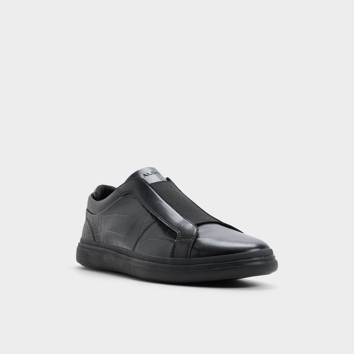 Three-quarter angle of Black/black Aros Slip-on sneaker's front side