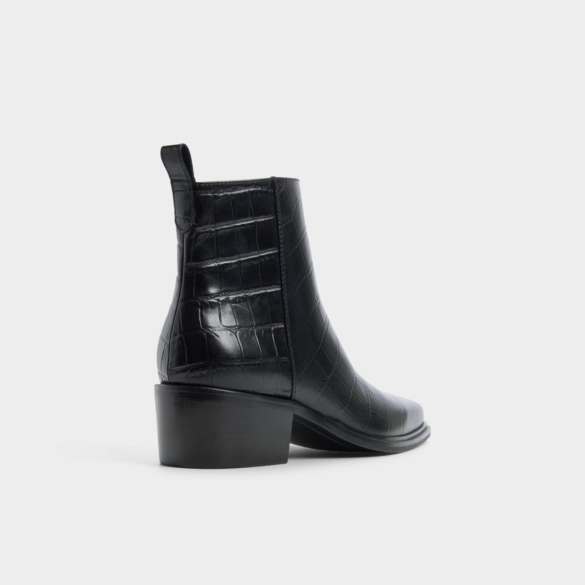 Three-quarter angle of Open black Brazos Ankle boot's back side