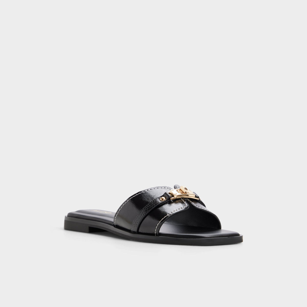 Three-quarter angle of Black Francea Slide sandal's front side