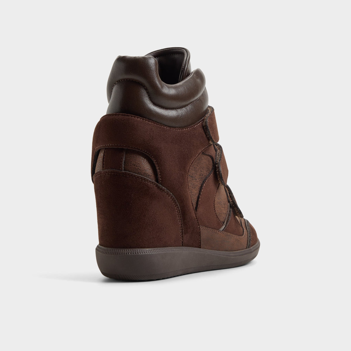 Three-quarter angle of Dark brown Belissa Wedge sneaker's back side