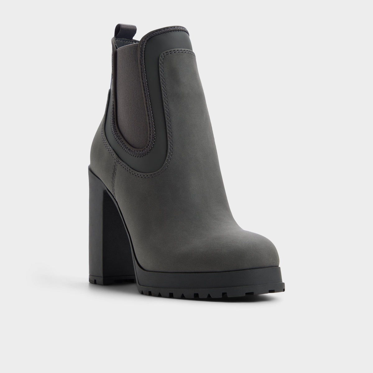 Three-quarter angle of Dark grey Bold Lug sole ankle boot's back side